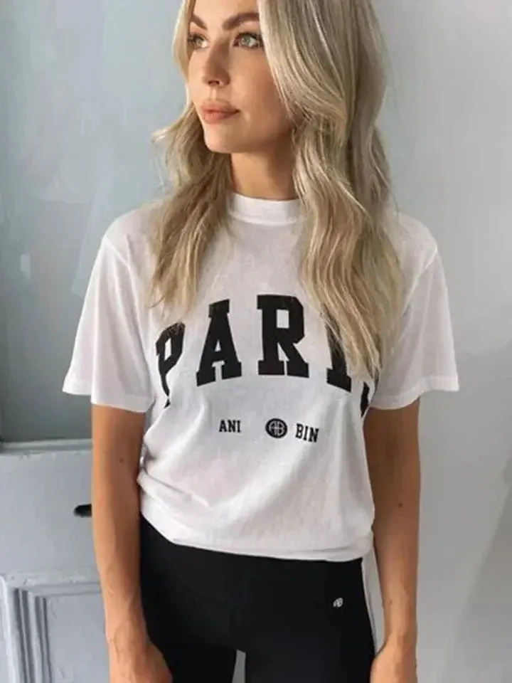 2025 Spring Summer Fashon Women T-shirts Half Sleeve Stand Collar Letter Print Casual Classic Tees Gray White Loose Cotton Top