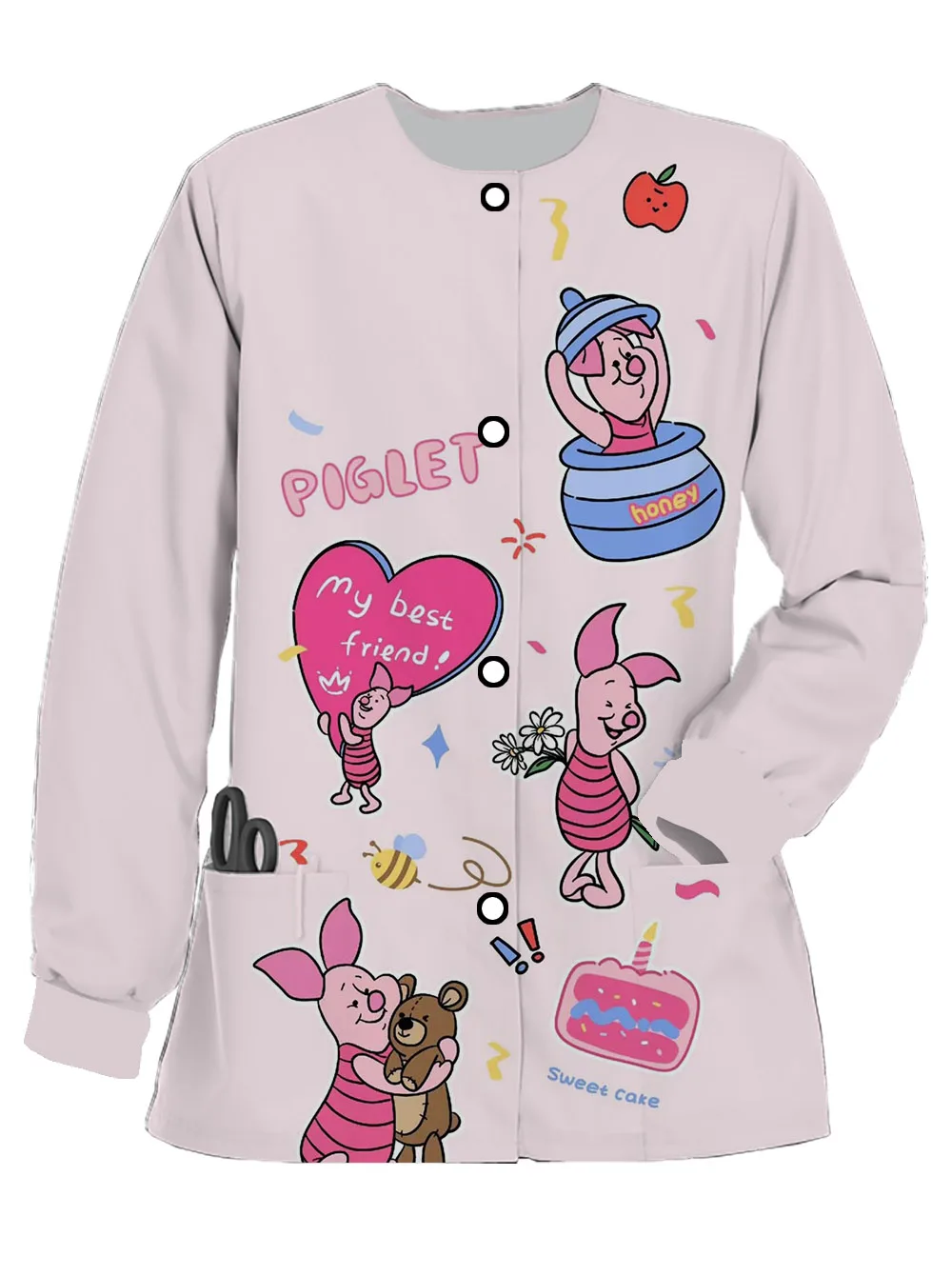 Women's Long-sleeved Spring and Autumn Round Neck Nurse Suit Disney Bear Print Frosted Doctor Work Uniform Casual Jacket