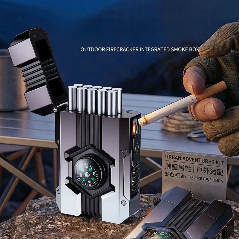 Mech Style Cigarette Box Lighter with Compass | Tungsten Wire Windproof Lighter, Portable Outdoor , Holds 10 Thick Cigarettes