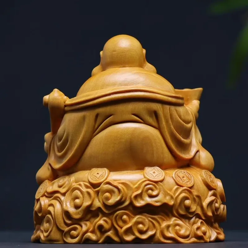 Natural Laughing Buddha Statue, Lucky Maitreya Monk Sculpture, Wood Carved Home Office Decor, Prosperity Gift view 4