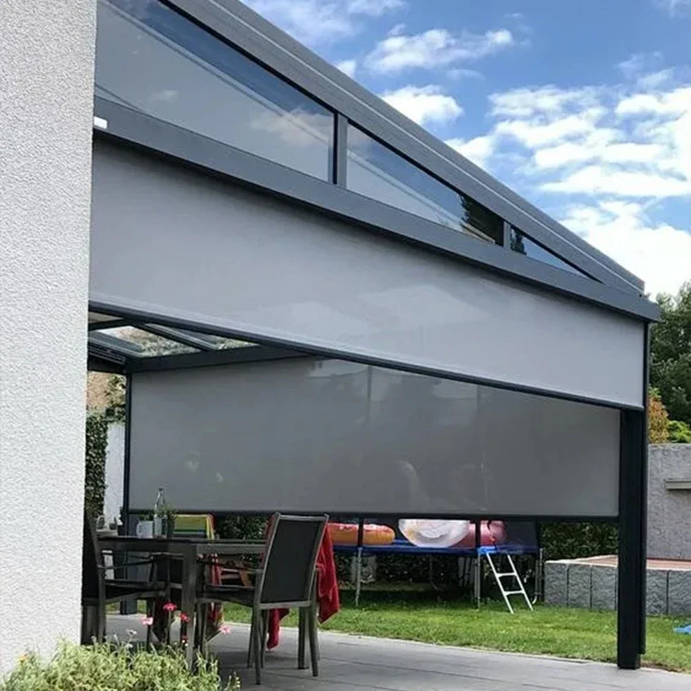 

Customized Motorized Outdoor Waterpoof Roll up UV Protection Cordless Black Out Curtains Breathable fabric for Patio Large