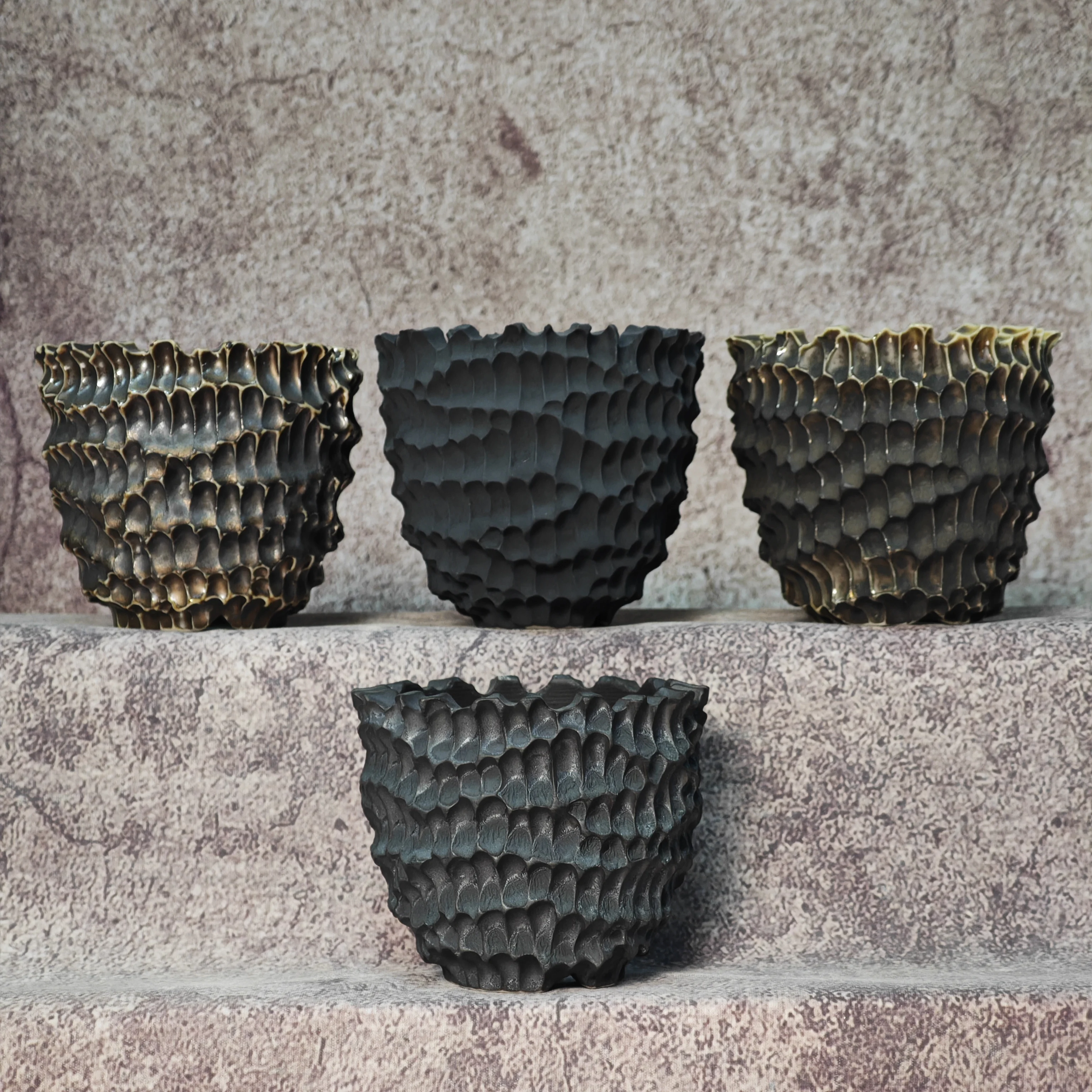 Hand‑Carved Water‑Wave Texture Ceramic Caudex Pot, Irregular Wavy Rim Planter Bowl for Succulent Agave Cactus Home Decor