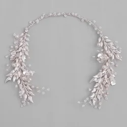 Silver Color Leaf Pearl Headband Tiara For Bridal Hair Accessories Wedding Hair Band Crystal Pearl Tiaras and Brides Headpieces