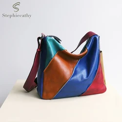 Luxury Soft Cow Leather Shoulder Bag Women Painted Color Patchwork Large Capacity Slouchy Casual Cross body Hobo Street Style