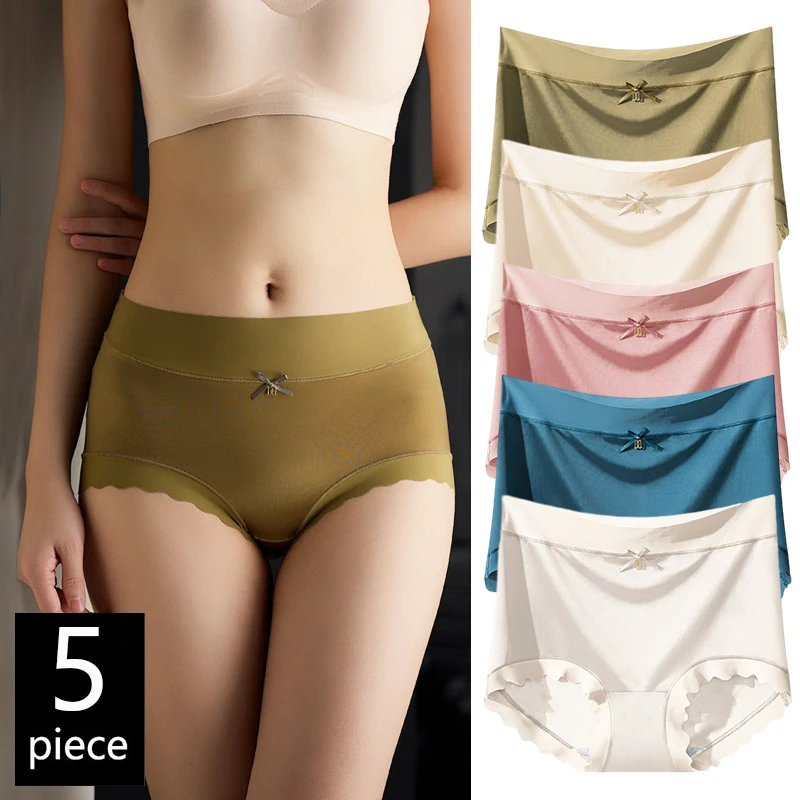 FallSweet 5PCS Seamless High Waist Ice Silk Briefs for Women Plus Size Comfortable Breathable Panties Everyday Lingerie