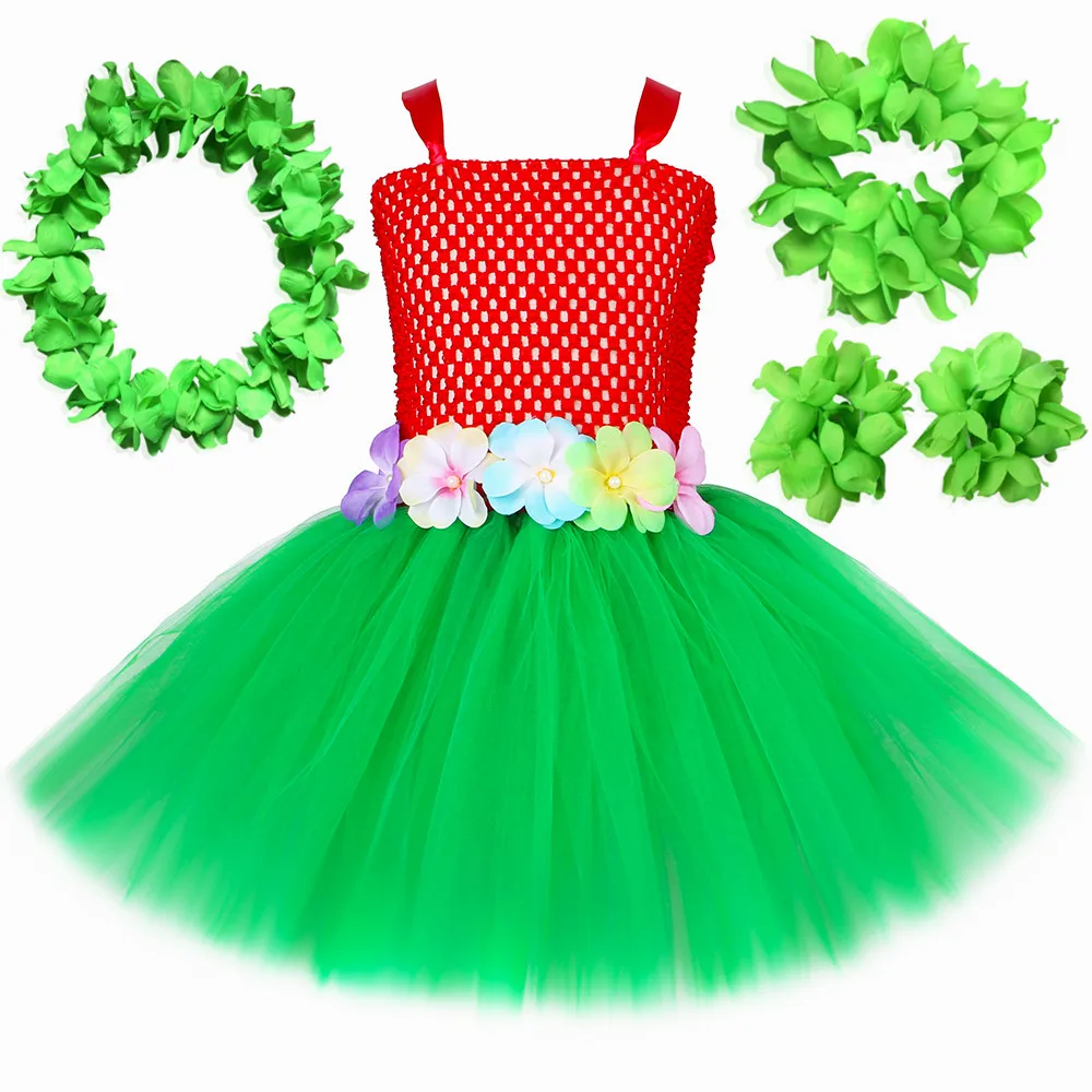 Girls Hawaiian Tutu Dress Costume Red Green Floral Hawaii Luau Party Dresses Outfit Kids Halloween Carnival Princess Dress Up