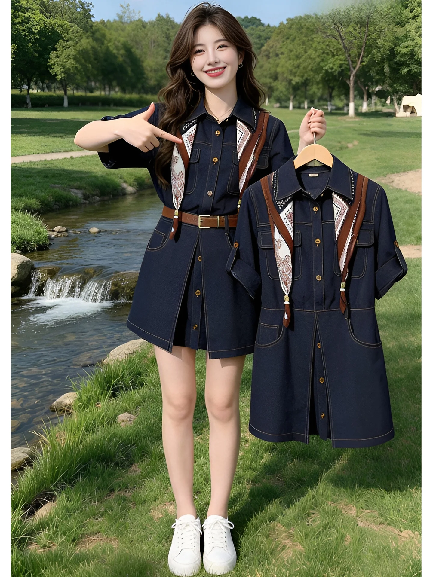 

Hong Kong Style Retro Denim Shirt Dress Women's Summer 2026 Casual Cool Two-Piece Set Short Skirt Button up High Waist