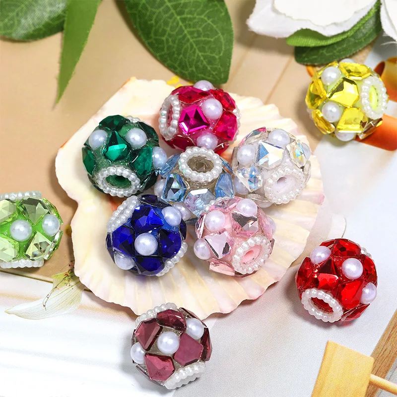 Bright Colors Crystal Rhinestones Big Hole Spacer Beads With White Pearls Garment Ornament Accessories Material 16*19mm 20pcs