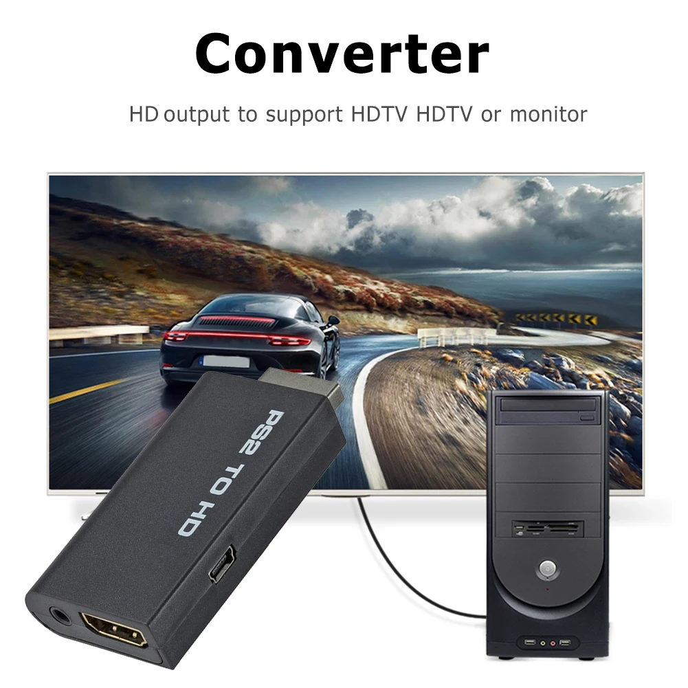 For PS2 to HDMI compatible Converter Adapter 480i/480p/576i Audio Video With 3.5mm Audio Cable Supports PC All PS2 Display Modes