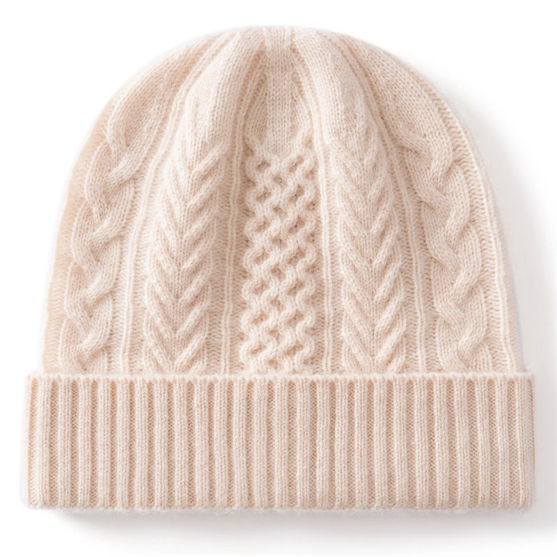 KOIJINSKY Unisex Winter 35% Cashmere 65% Merino Wool Mixed Pattern Cable Knit Cuffed Beanie Solid Color Thermal Windproof Knitte
