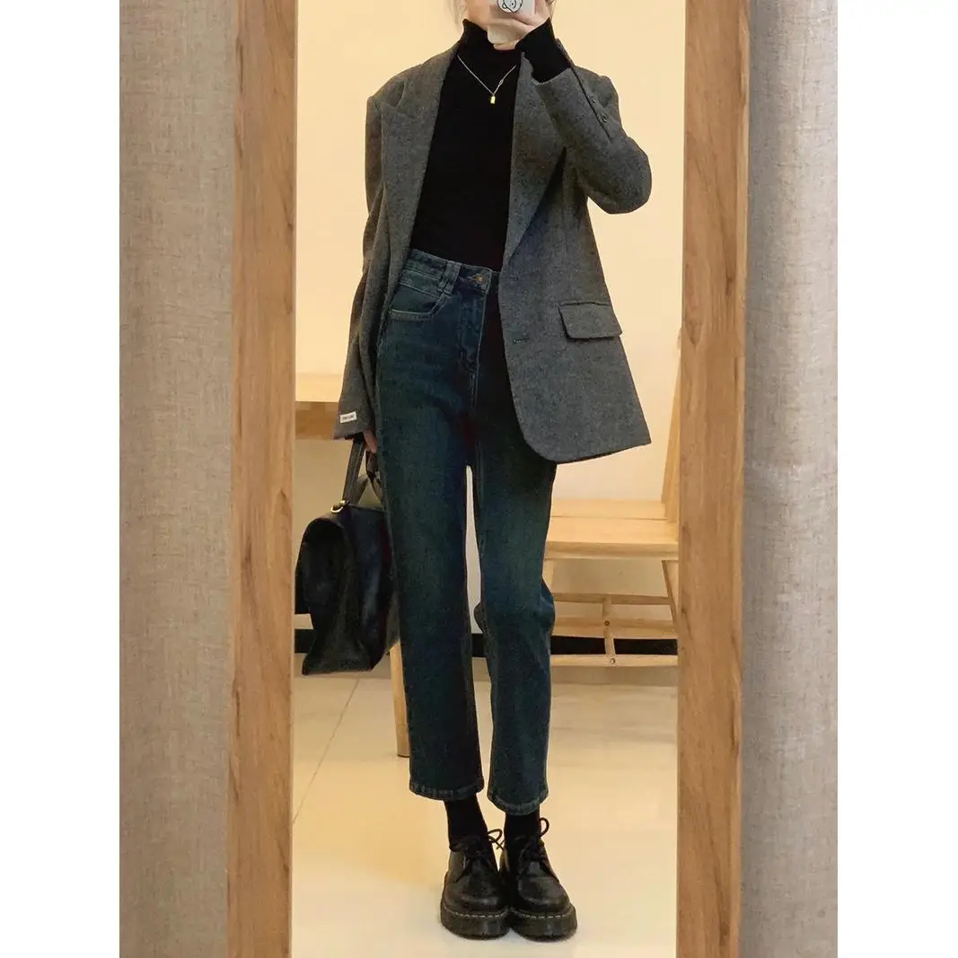 

Женские прямые джинсы Thiened Fce с высокой талией, свободные утягивающие брюки размера плюс, узкая версия, осенне-зимние брюки