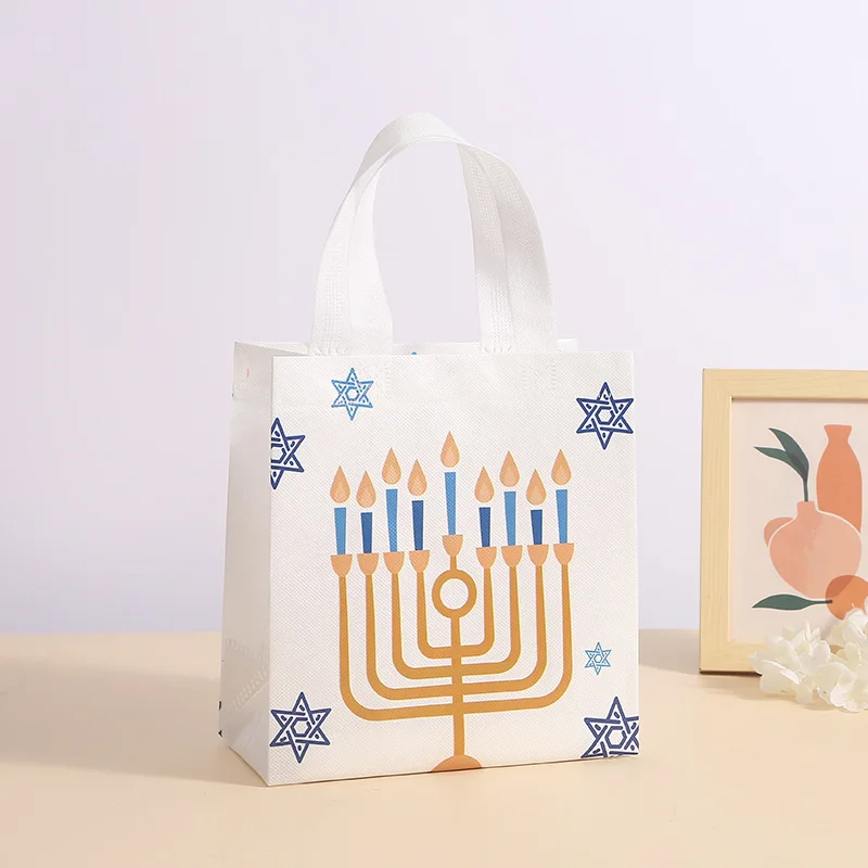 6Pcs Hanukkah Theme Non Woven Gifts Packing Bags Candle Candy Shopping Tote Bag for Chanukah Birthday Wedding Party Decoration