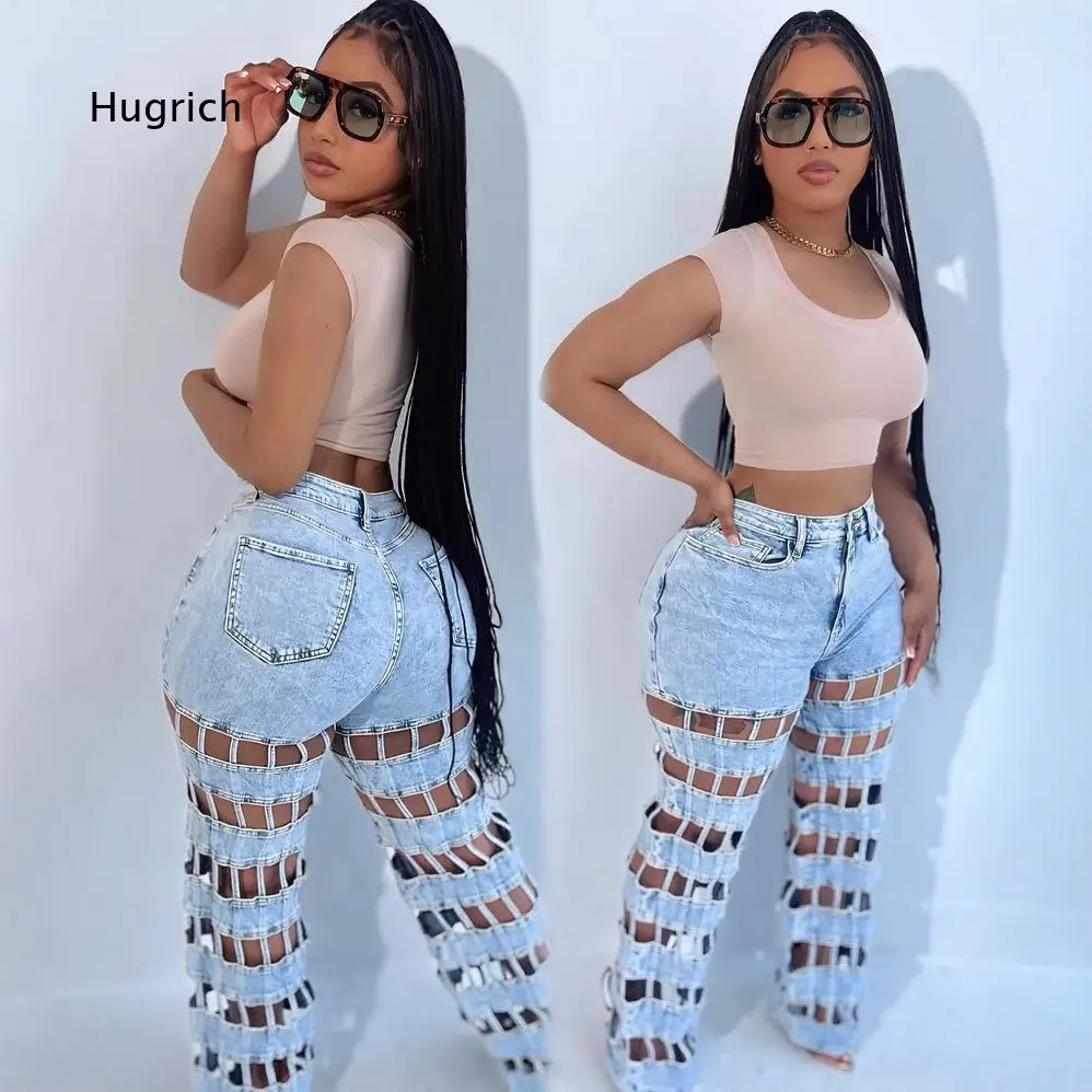 Hollow Grid Cutout Flared Jeans Women Acid Wash High Rise Streetwear Denim Trousers