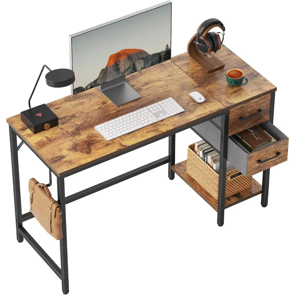 Computer Desk with 2 Drawers, 47 Inch Small Home Office Desk Study Writing Table, Rustic Brown, Computers Desks