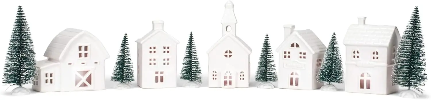 

Winter White Glazed Porcelain Holiday Village Figurines Set of 11, 7 Inch Tabletop Decor
