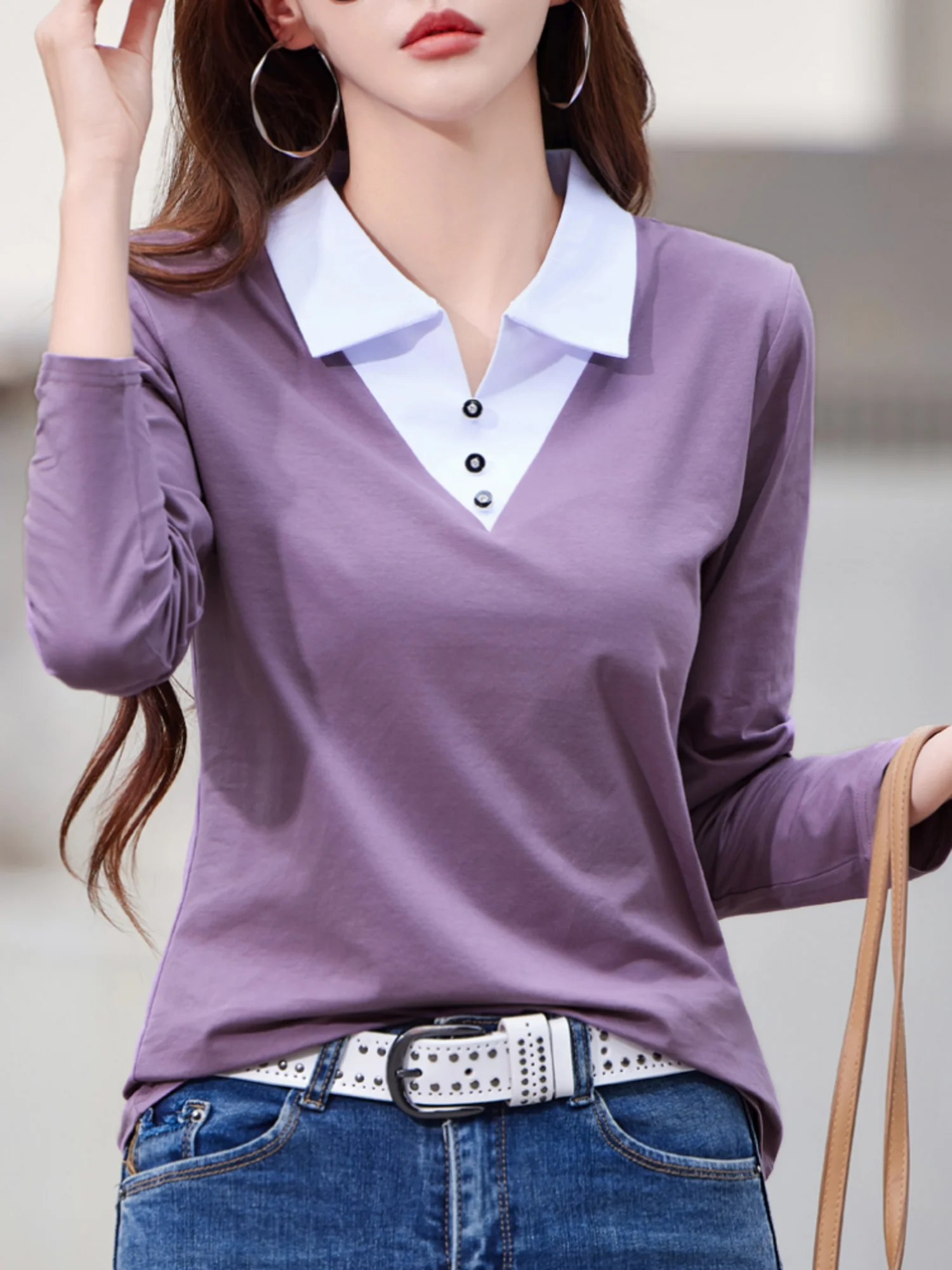 

Color Block Button Front Blouse, Elegant Collared Long Sleeve Blouse For Spring & Fall, Women's Clothing