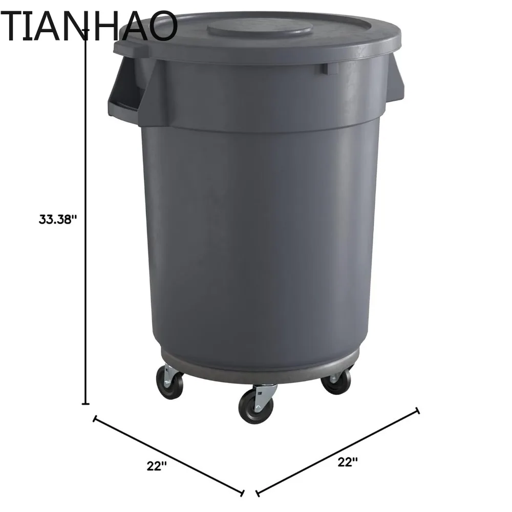 32 Gallon Gray Round Commercial Trash Can with Lid and Dolly