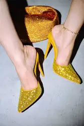 Stunning High Heels Sexy Pointed Toe Slippers Slip On Summer 2024 Crystal Embellishments Sparkle Mustard Silver Handmade Shoes