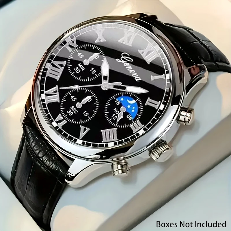 1PC New Men's Casual PU Strap Quartz Watch, Round Roman Numeral Dial, Electronic Movement, Men's Watch (No Box)