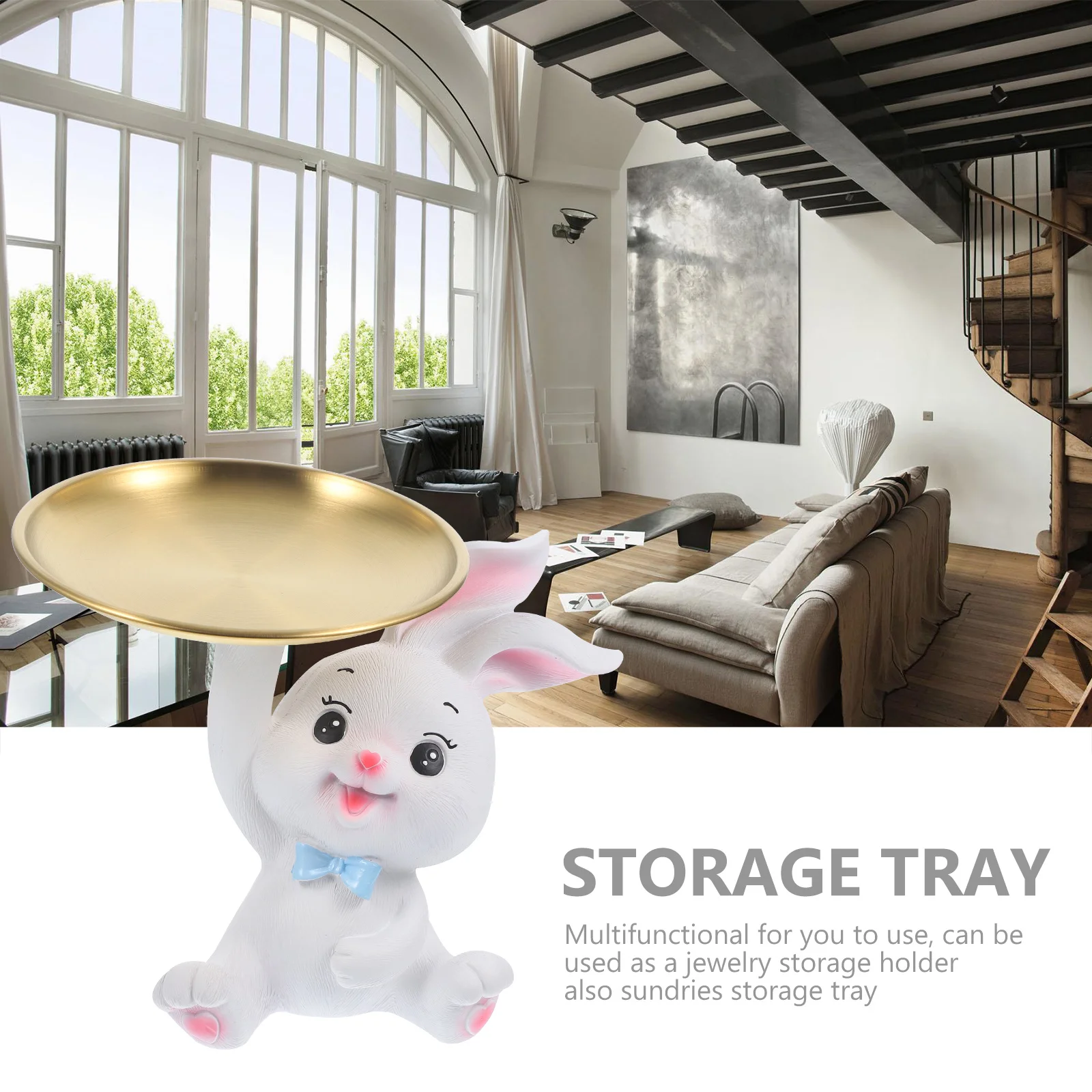 

Decorative Bunny Statue Storage Tray Multi-Purpose Jewelry Organizer Trinket Dish for Dresser Desktop Home Decor Resin Bunny