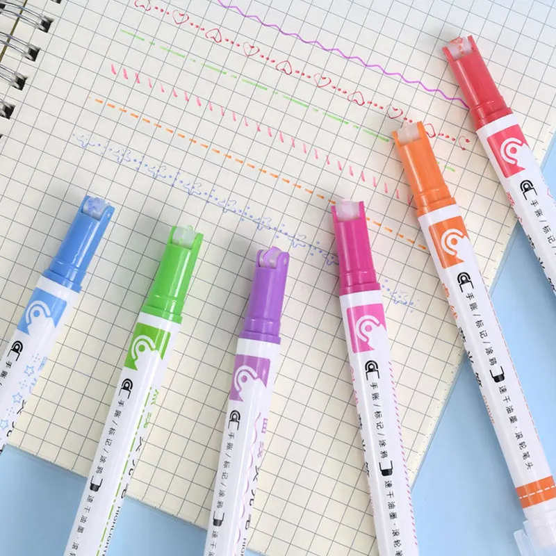 6 Kleur Scrolling Curve Liner Markeerstift Golf Lijn Liefde Ster Stempel Roller Tip Art Marker Pen Voor Hand Account Plakboek tekening