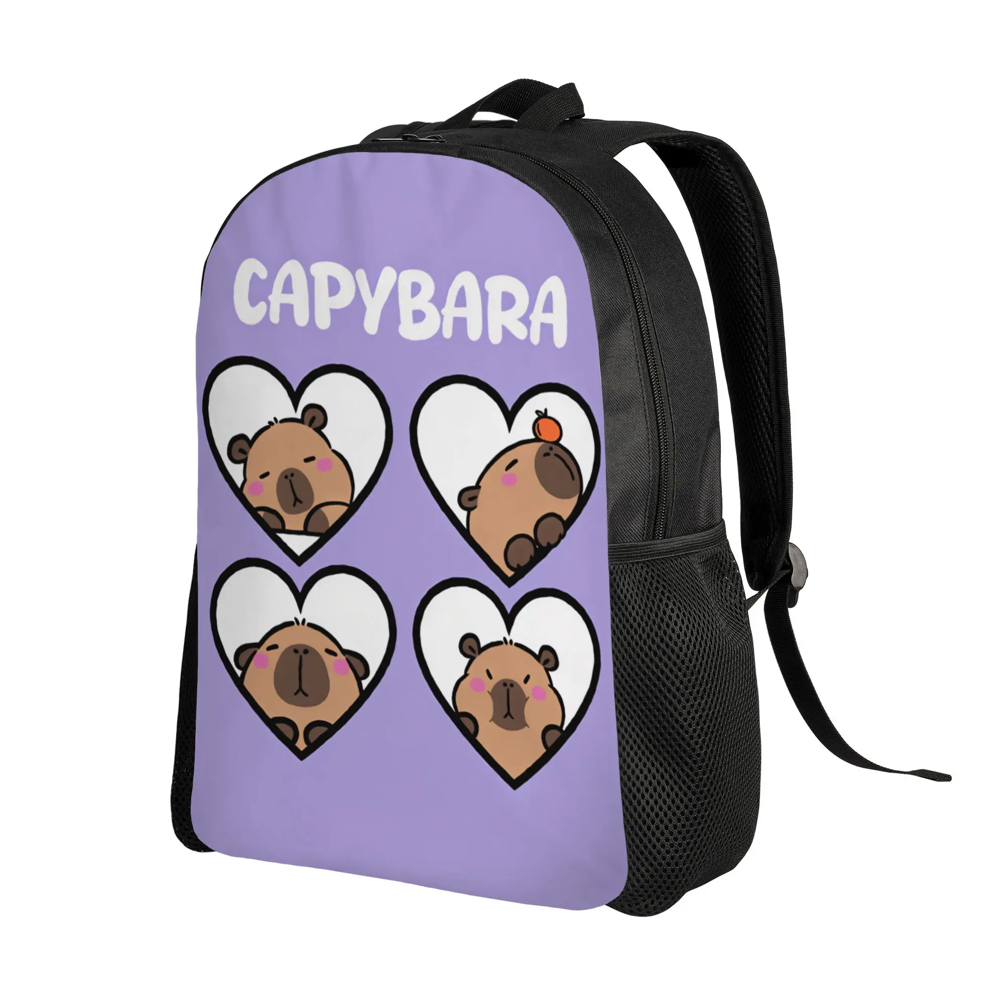 Four Heart Frame Capybara Face Purple Background Capybara Text Cartoon Backpack  Girl Polyester Hiking Backpacks Kawaii Rucksack