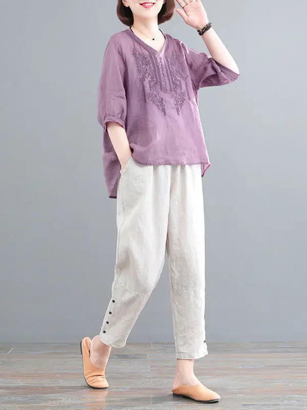 

Summer 2025 Korean Sle plus Size Slimming Cotton Linen Embroidered Top Harem Pants Casual Trendy Two-Piece Set