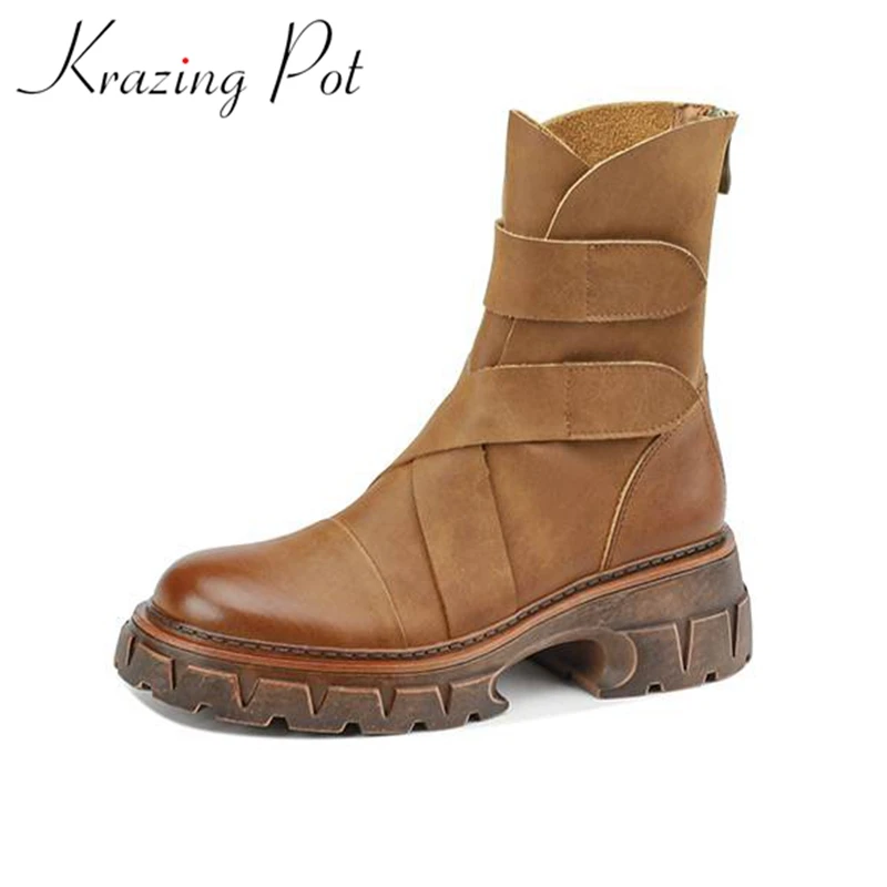 

Krazing Pot Cow Leather Vintage Thick Heels Round Toe Winter Warm Western Boots Gradient Color Hook Loop Platform Ankle Boots