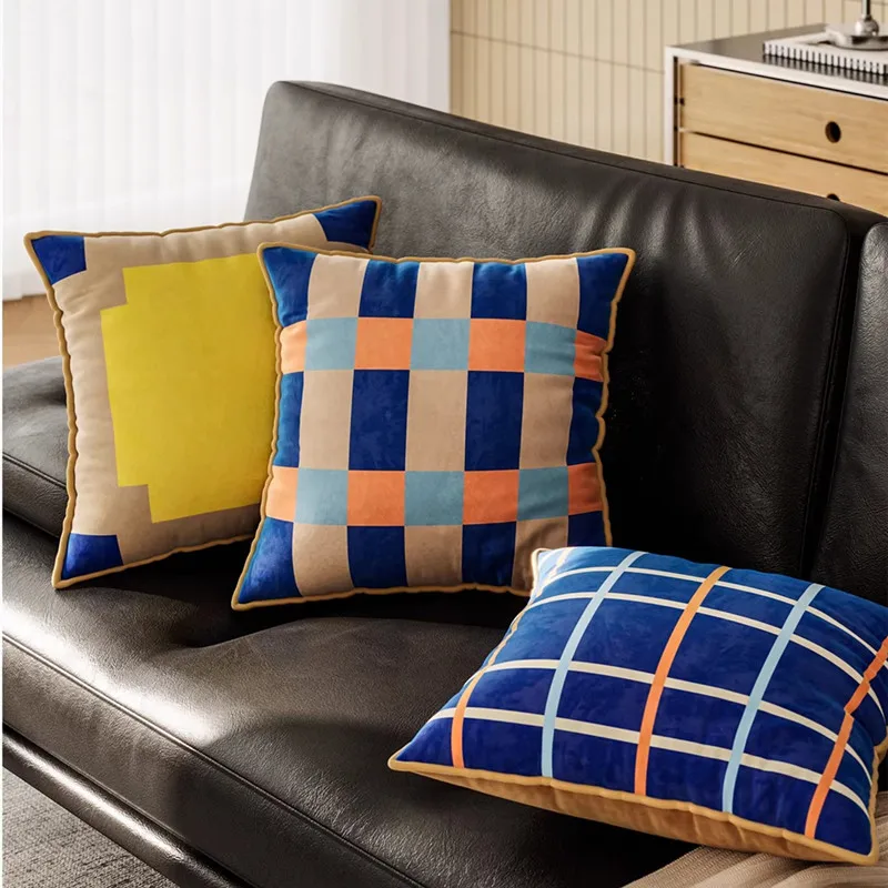 Vintage Colorful Striped Velvet Throw Pillow with Contrast Piping Decorative Square Cushion Cover for Sofa Couch Living Room