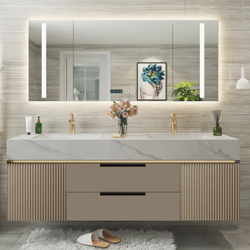 Light luxury solid wood slate bathroom cabinet double basin combined washbasin cabinet