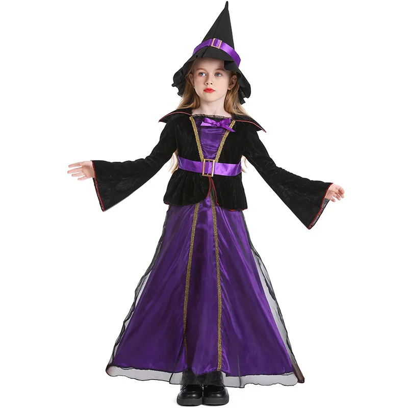 Halloween Children Girls Evil Magic Witch Cosplay Dress Purim Disguise Party Kids Purple Ghost Vampire Fancy Costume Gown