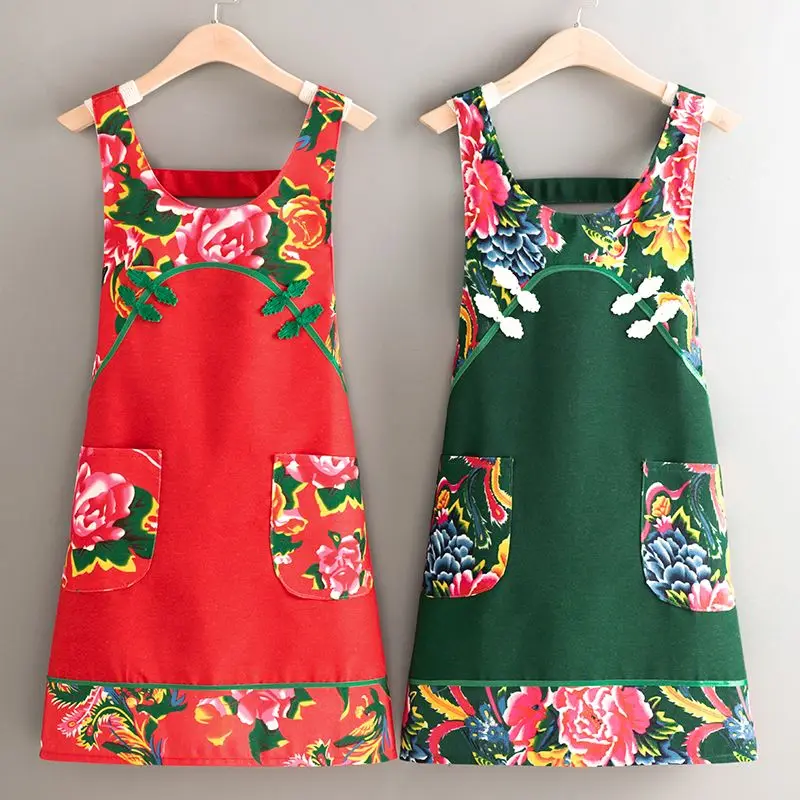 Chinese Flowers Kitchen Aprons For Woman Men Chef Ethnic Work Apron Restaurant Bar Shop Cafe Beauty Nails Studio Fashion Uniform