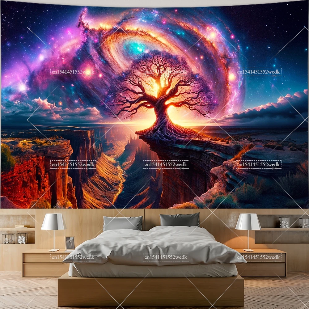 Tapiz Trippy Cloud Tree Of Life para colgar en la pared, decoración de habitación, árbol de deseos estético, paisaje de galaxia, brujería, tapices bohemios