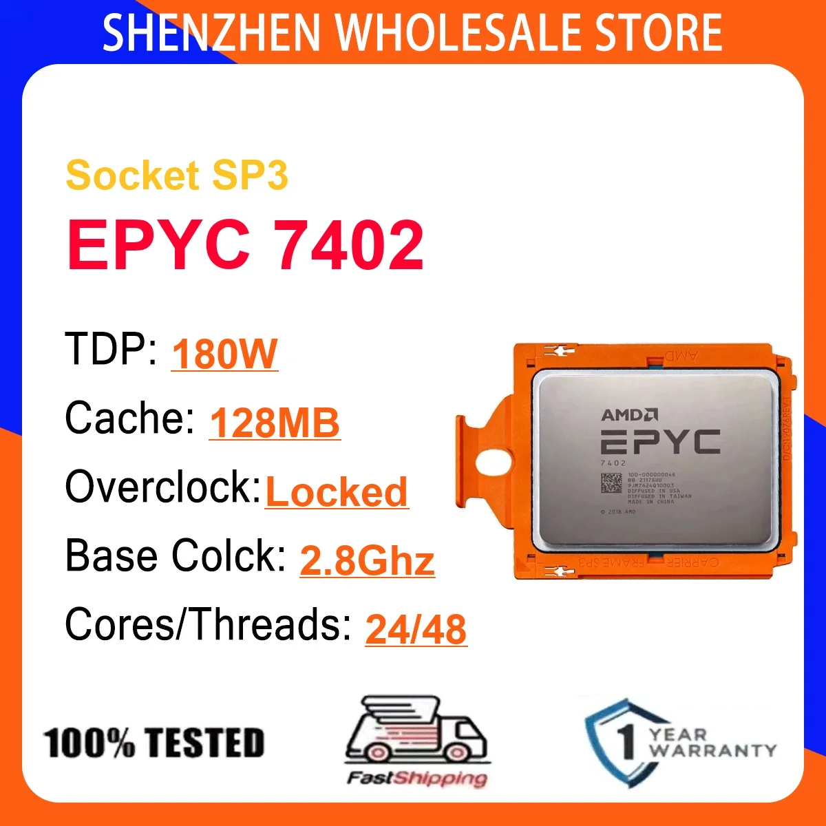 AMD EPYC 7402 24-Core 48-Thread 7NM 2.8Hz/3.3GHz L3=128MB 180W CPU Gaming Proce Socket SP3 DDR4 NEW No Cooler No Fan