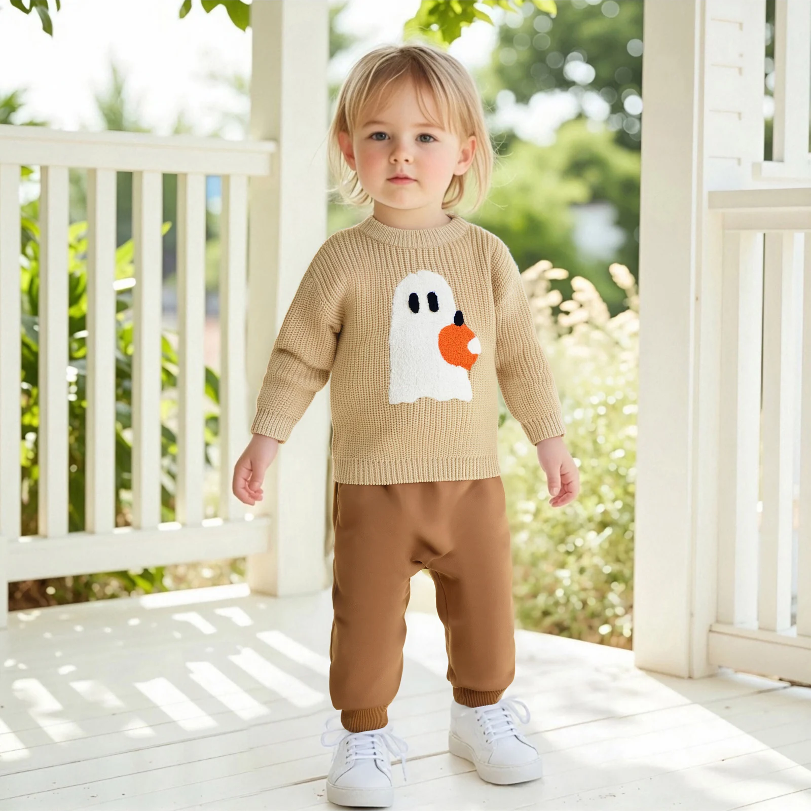 Baby Boy Girl Halloween Sweater Pumpkin/Ghost Embroidered Crewneck Long Sleeve Pullover Chunky Knit Tops