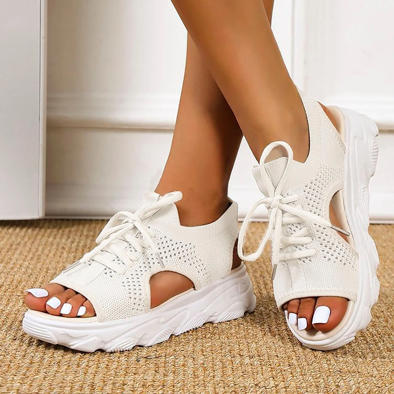 Women Sandals On Offer Summer Women Sandals Mesh Casual White Thick Soled Lace Up Sandals Open Toe Beach Women\'S Summer Footwear