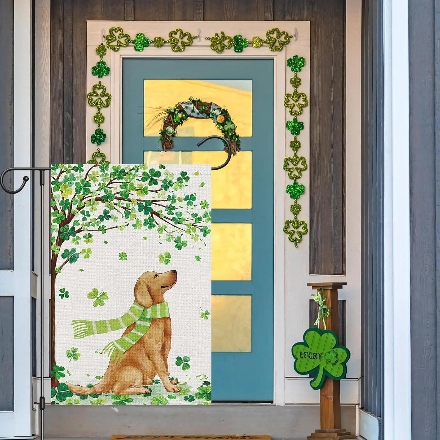 St Patricks Day Garden Flag Shamrock Golden Retriever Welcome Double Sided 12x18 Inch Small Burlap Saint Spring Holiday