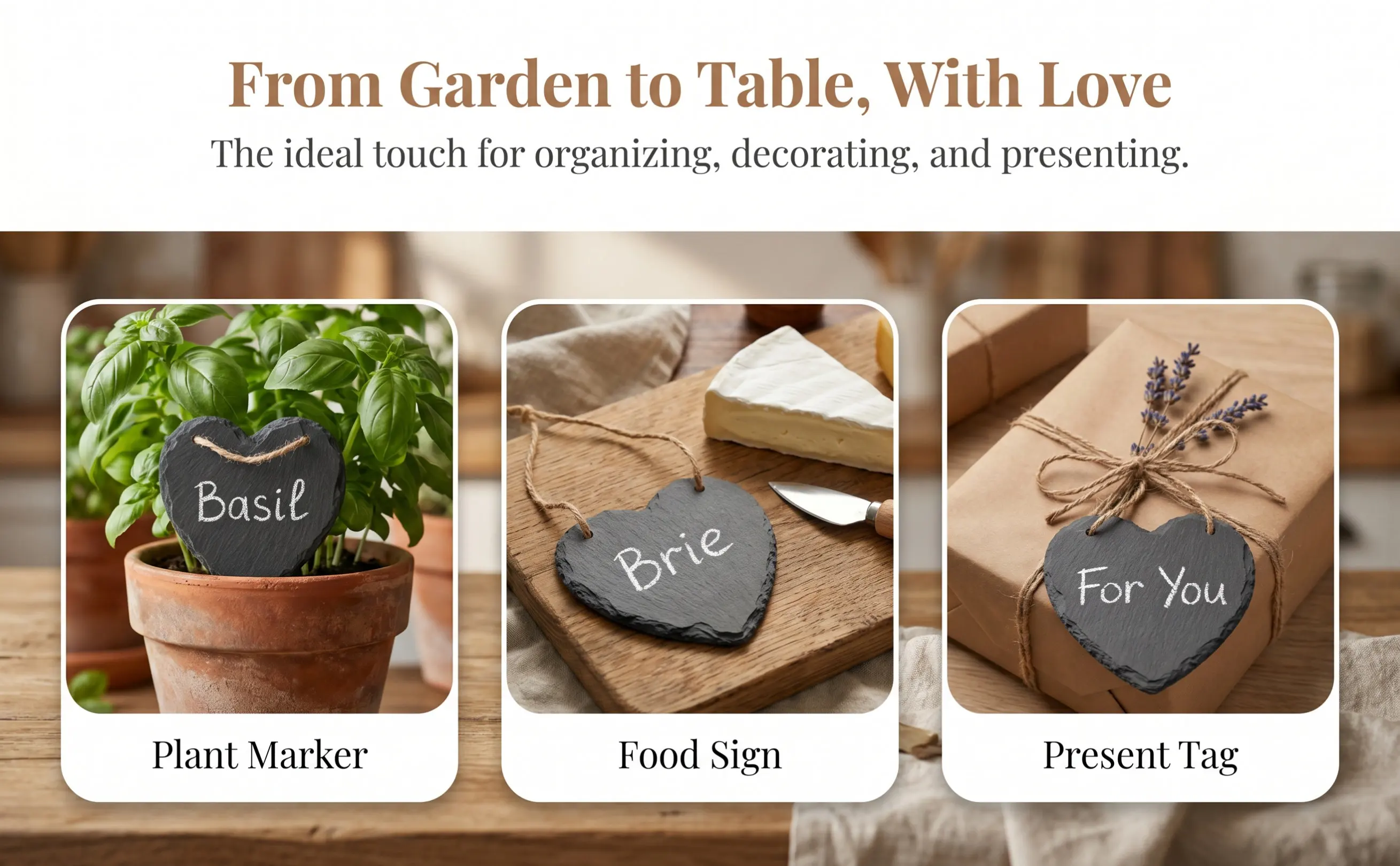 Slate Label Heart Pendant Hanging Sign Rope Slate Tag Food Garden Plant Marker Blackboard Chalk Writing Funny Plant Label