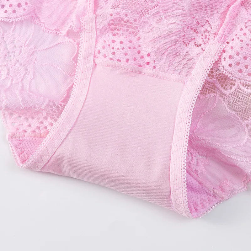 European and American foreign trade lace hollow out plus fat women's mid waist triangle pants sexy mesh thin breathable cotton u