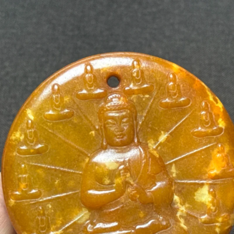 Antique Xiuyan Jade Carved Tathagata Buddha Relief Amulet - Handheld Plaything & Hanging Ornament, Exquisite Folk Art Craft