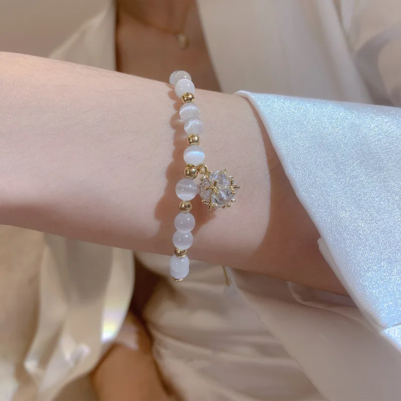 Cat Eye Stone Bead Bracelet Women Rhinestone Crystal Pendant Bracelet Exquisite Adjustable Bracelet Wristband Jewelry A-