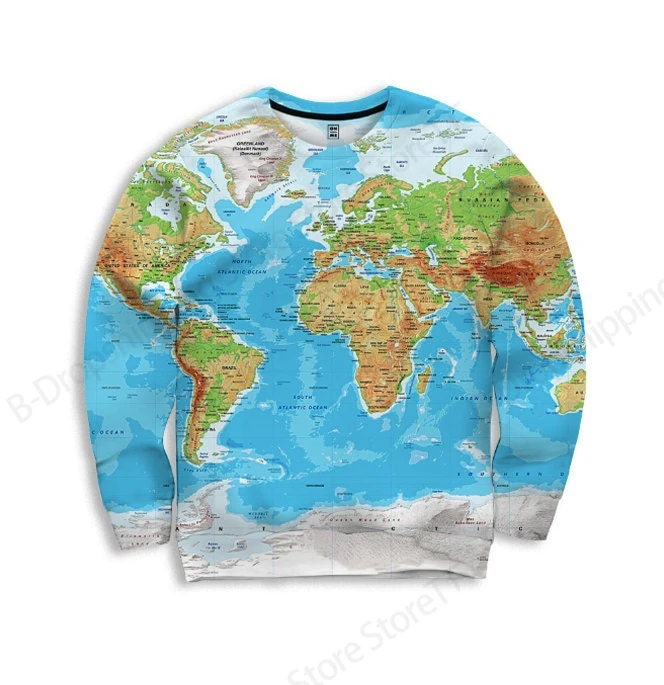 2026 New Mens Geographic Map Long Sleeve T-shirt map 3D Print Tshirt Men Women Fashion Casual Harajuku Tops Tees Oversized Top
