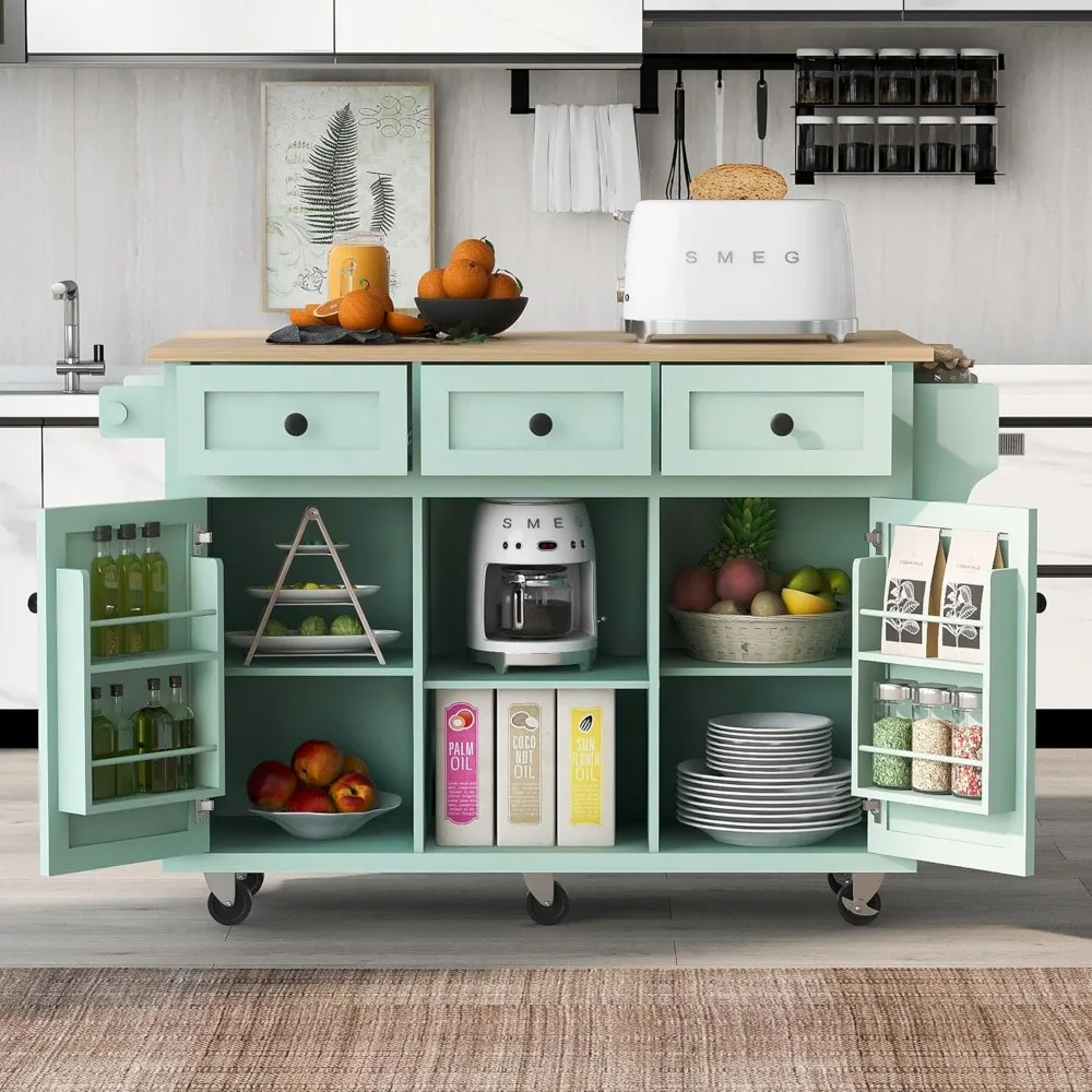 Kitchen Cart Island with Drop-Leaf Countertop on 5 Wheels, Cabinet Door Internal Storage Racks for Dinning Room, Mint Green