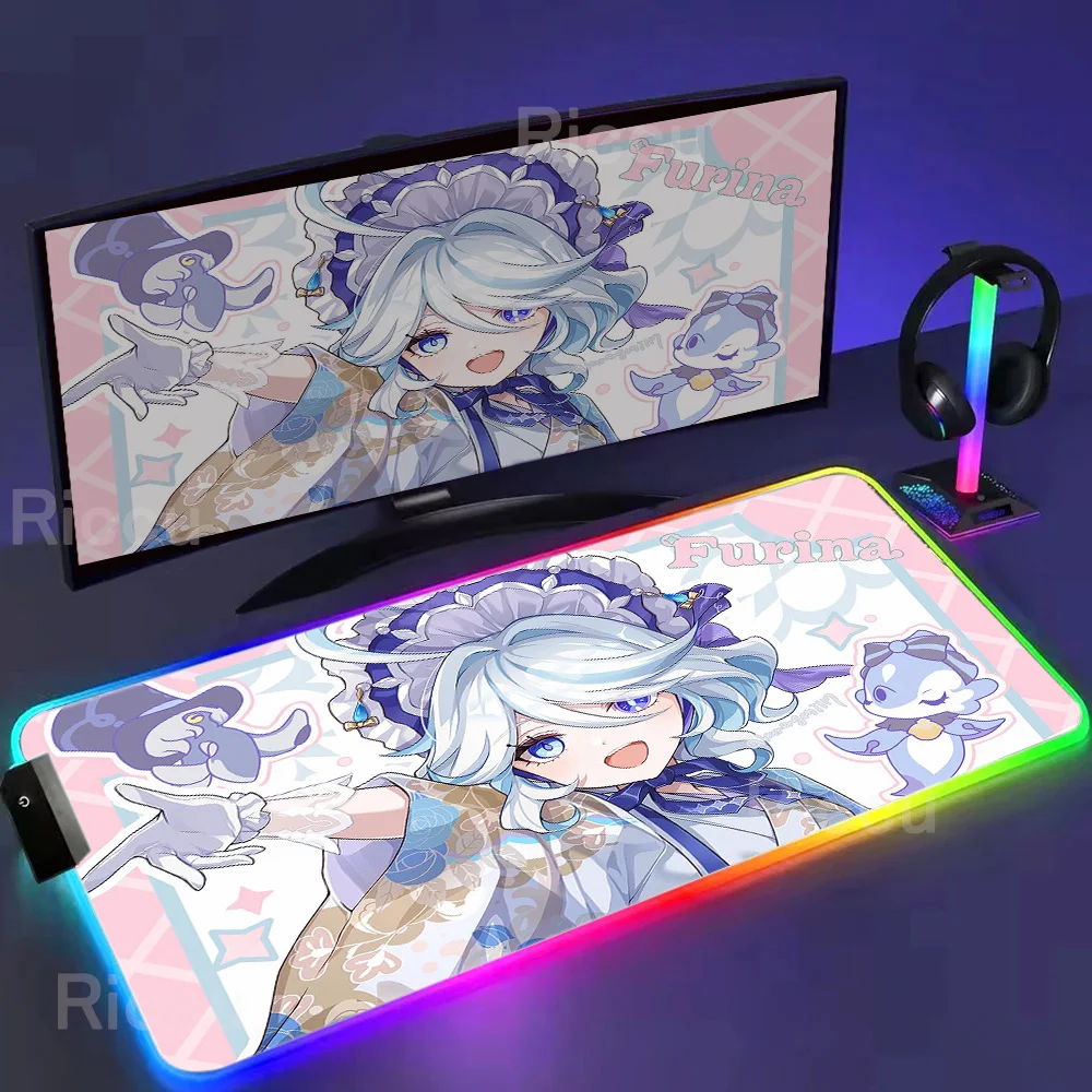 New Pretty Wallpaper Genshin Impact Furina Anime Mouse Pad LED PC Kawaii Girl Mousepad Cabinet Keyboard Pads RGB Gaming Desk Mat