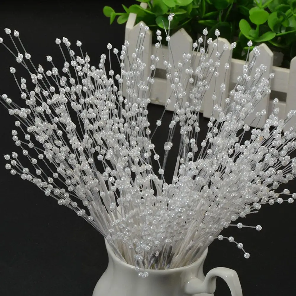 10pcs 4mm Bunch String Pearl Sticks Bridal Bouquets White Beaded Handmade Flower Stem Beads Wedding Party Decor DIY Tools