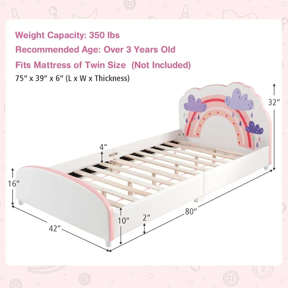 Rangka tempat tidur ganda untuk anak-anak, Platform tempat tidur ganda berlapis kain kayu dengan penopang Slat, bantalan kepala & papan kaki, pemasangan mudah