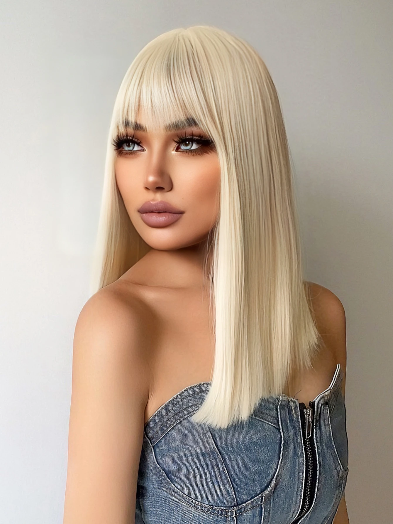 18 Zoll platinblonde synthetische Perücken mit Pony, lange natürliche glatte Haare, Perücke für Frauen, täglicher Gebrauch, Cosplay, Party, hitzebeständig