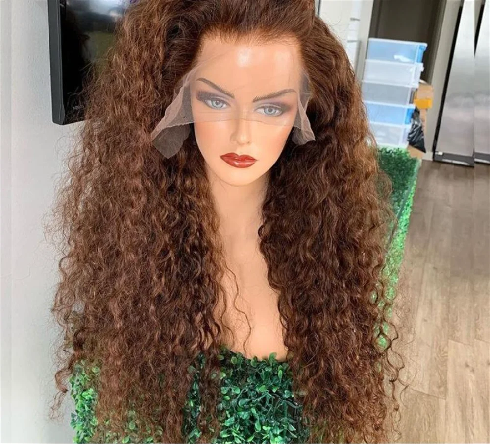 26 pulgadas suave marrón largo rizado sin pegamento 180 densidad profunda peluca con malla frontal para mujeres con pelo de bebé prearrancado diario
