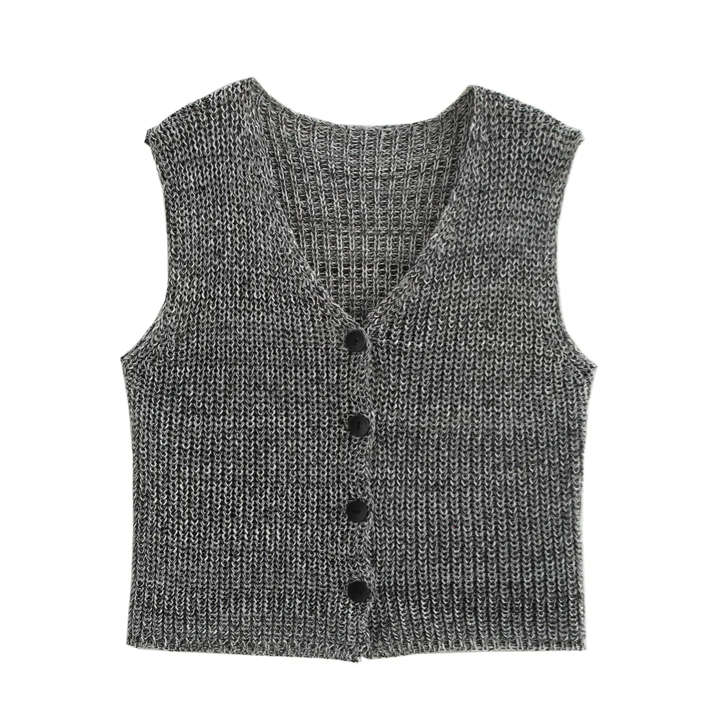 PB&ZA2024 autumn new women\'s clothing fashion temperament slim fit casual versatile V-neck vest short knitted sweater