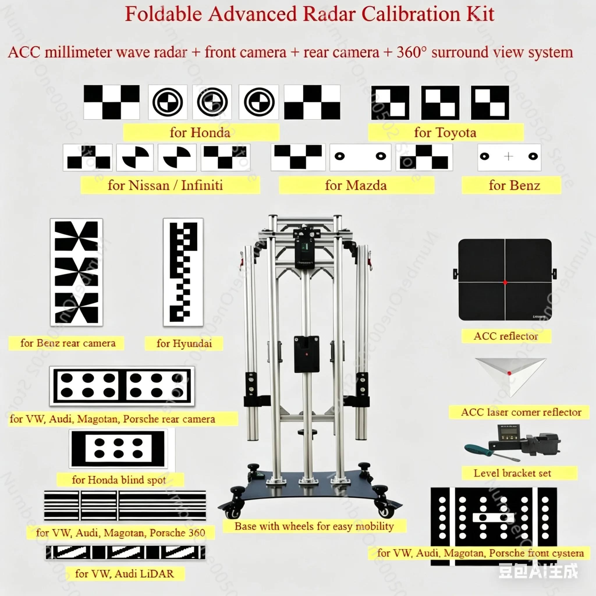 

Складной комплект для калибровки ADAS: радар ACC mmWave, передняя и задняя камеры, калибровка кругового обзора 360° для Toyota, Honda, VW, Benz